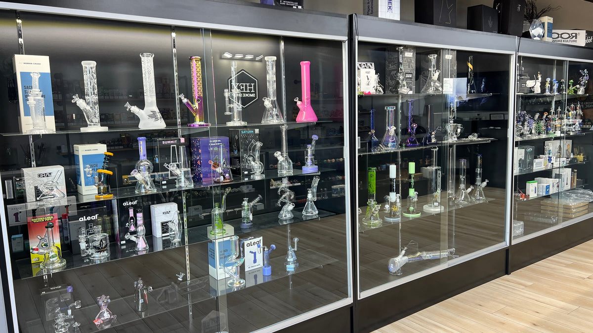 Different styles of glass water pipes on display at Hex Smoke Shop in Adelanto California