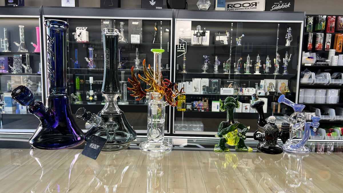 Bongs and dab rigs on display at Hex Smoke Shop in Adelanto California