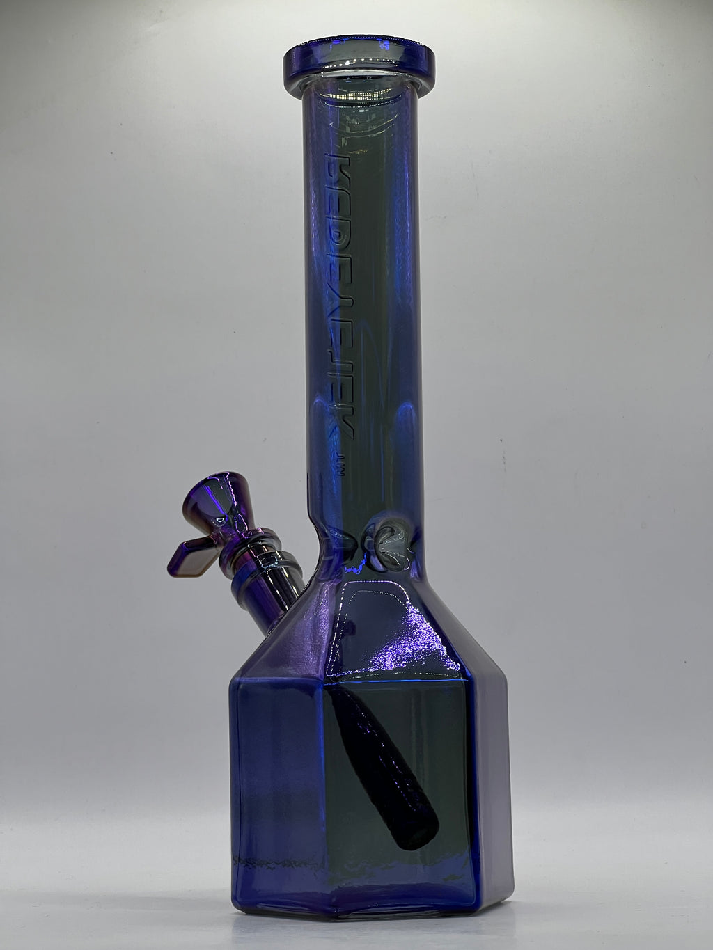 Side profile of Red Eye Tek metallic blue Prismatic Tube water pipe