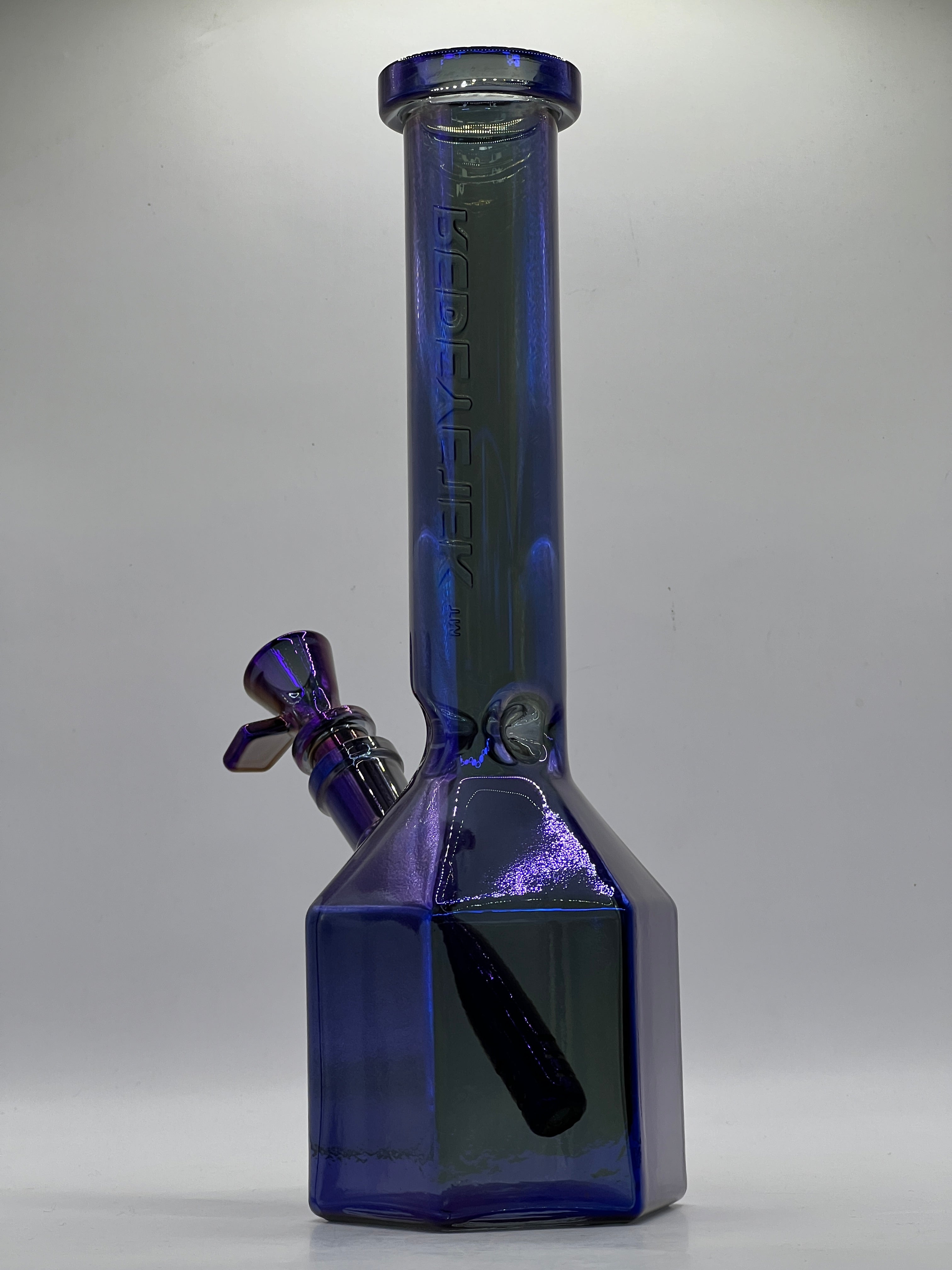 Side profile of Red Eye Tek metallic blue Prismatic Tube water pipe