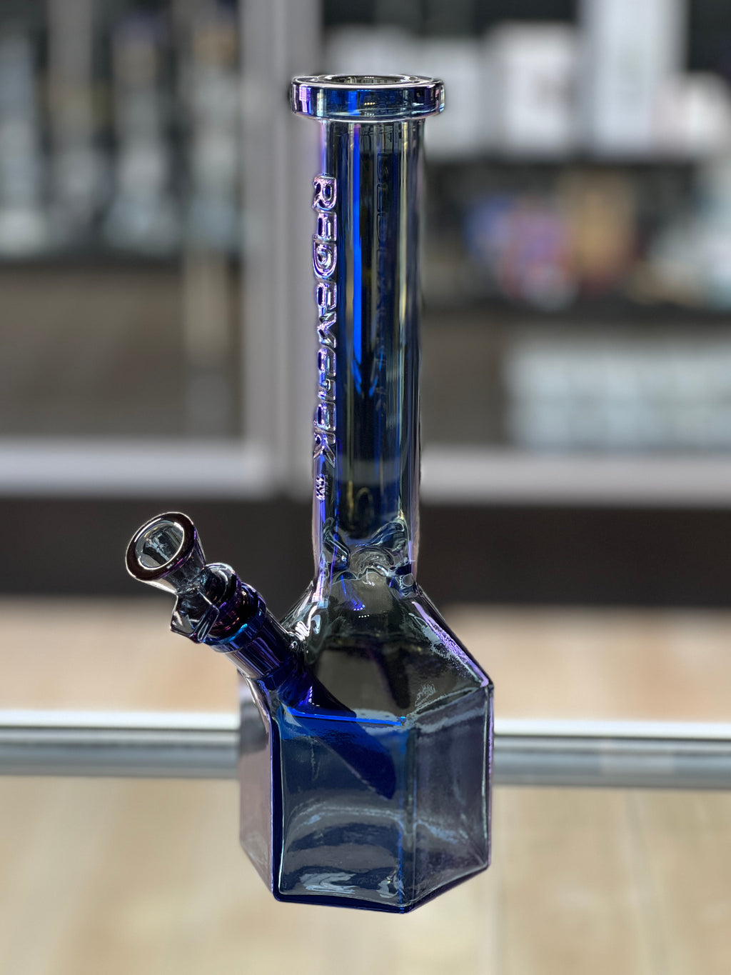 Metallic blue scientific glass water pipe with hexagonal canteen base