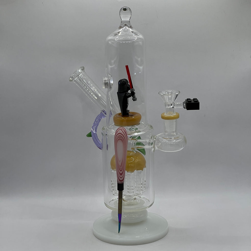 OTG Glass Darth Vader themed water pipe with enclosed LEGO-style character and large tree percolator