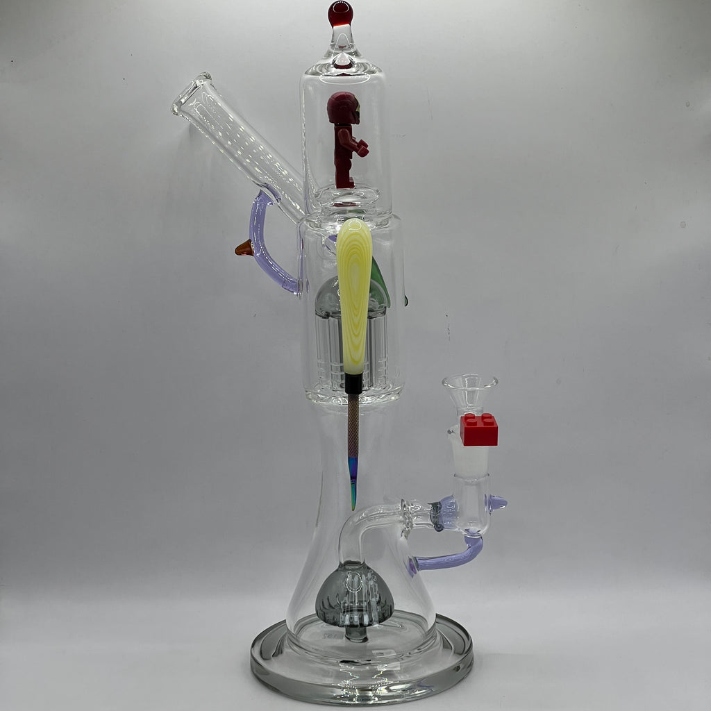 Side view of OTG Glass Iron Man themed collector water pipe