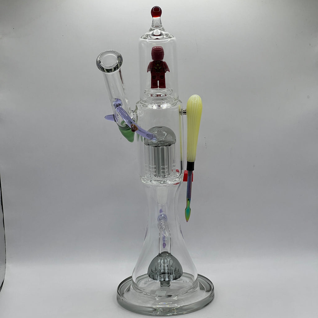Rear view of OTG Glass Iron Man themed water pipe