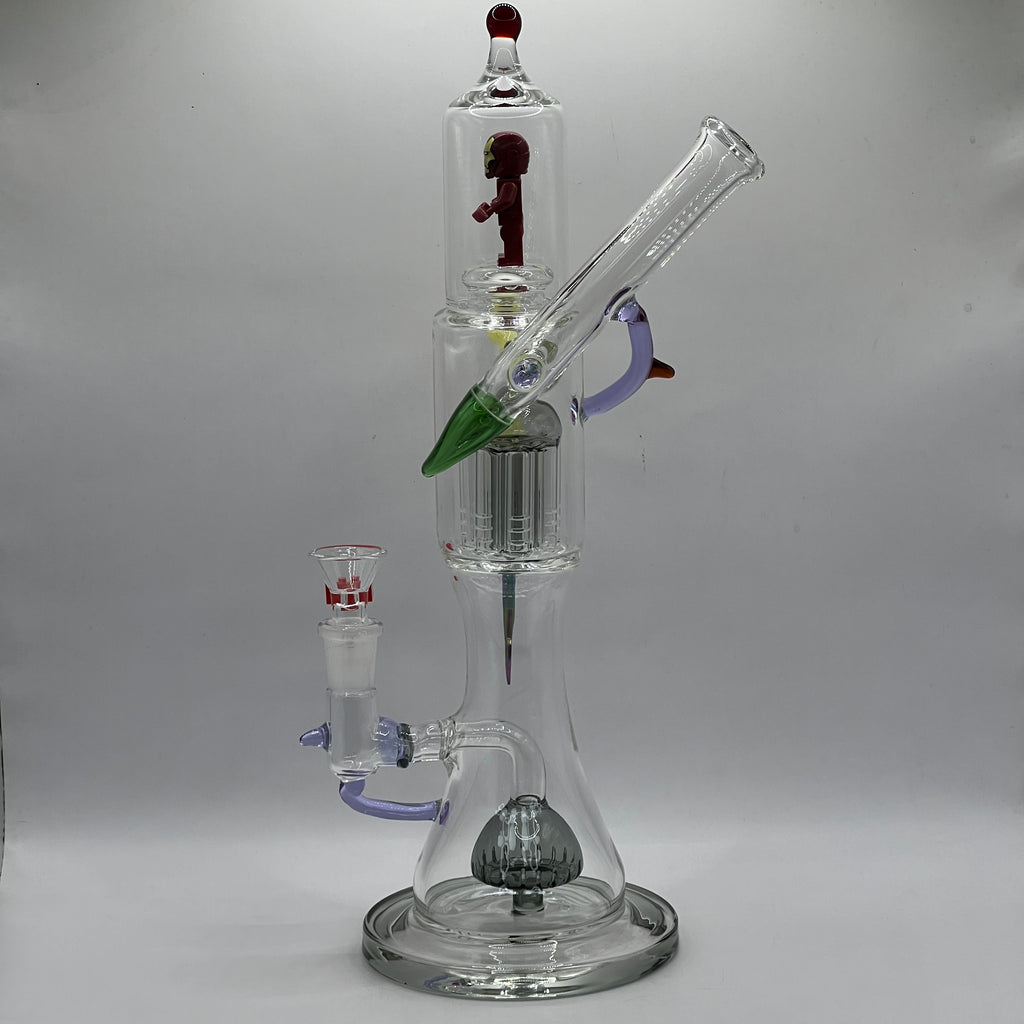 Side profile of Iron Man water pipe showing angled mouthpiece