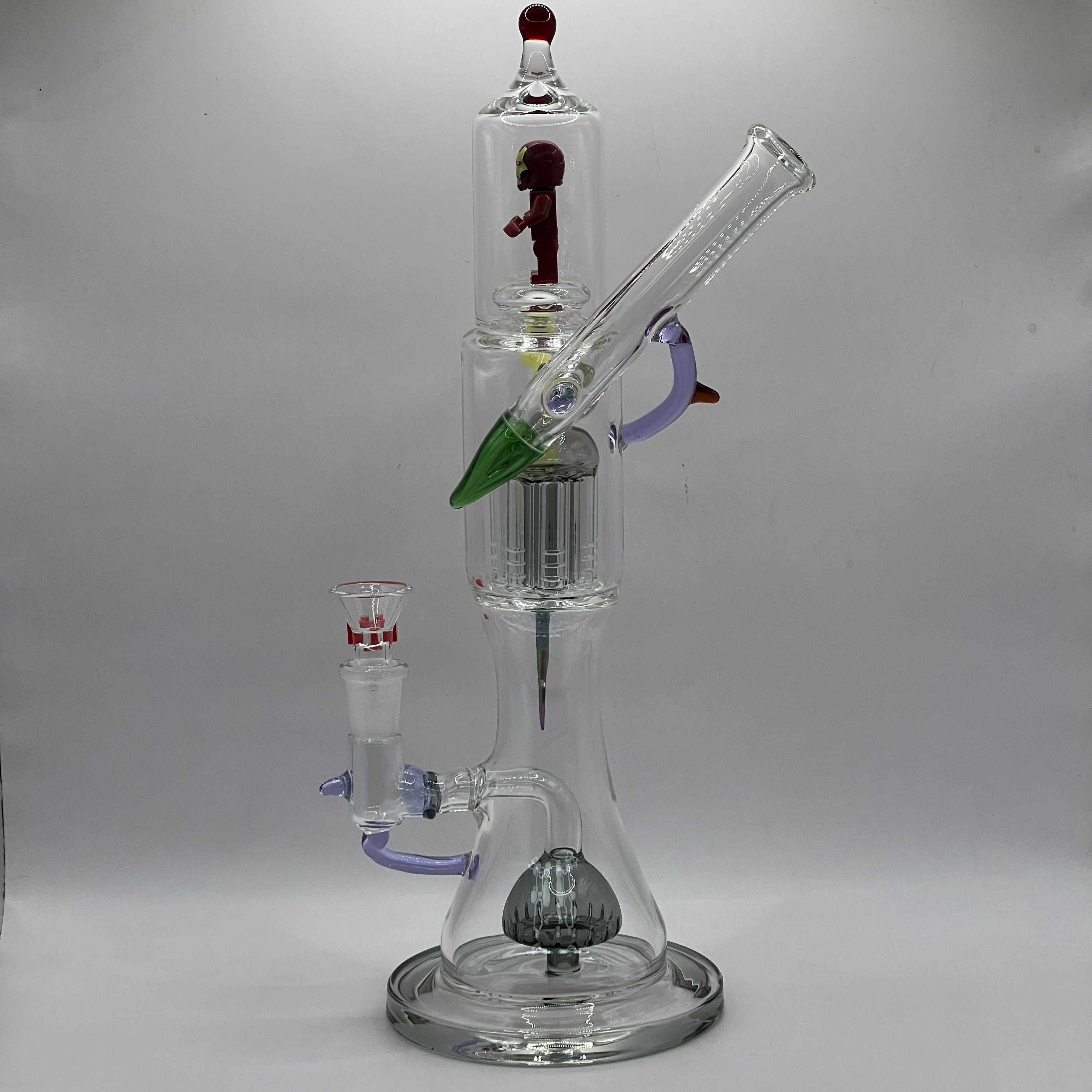 Side profile of Iron Man water pipe showing angled mouthpiece