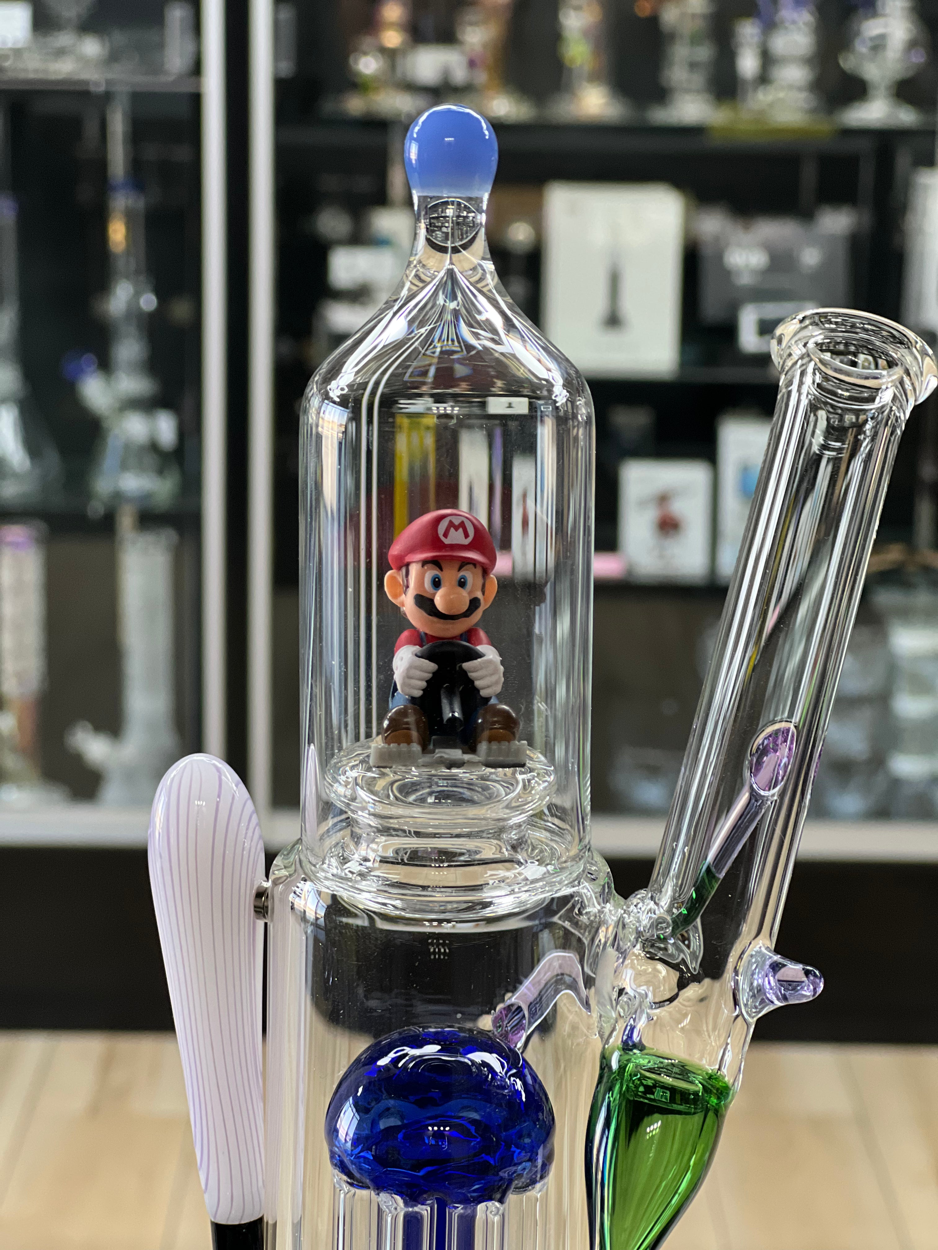 close up shot of the mario themed water pipe from otg glass at hex smoke shop