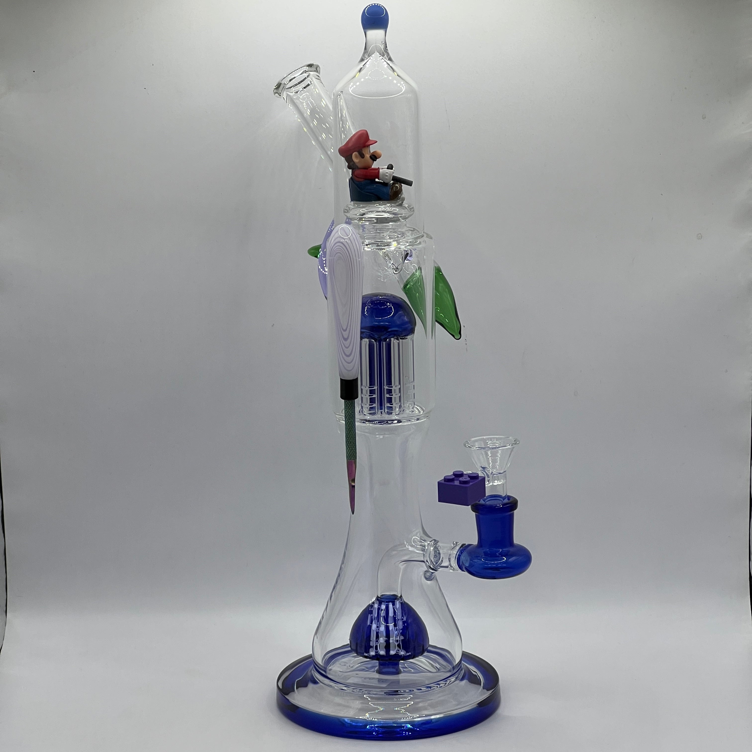 opposite view of OTG Glass Mario themed water pipe with custom LEGO bowl