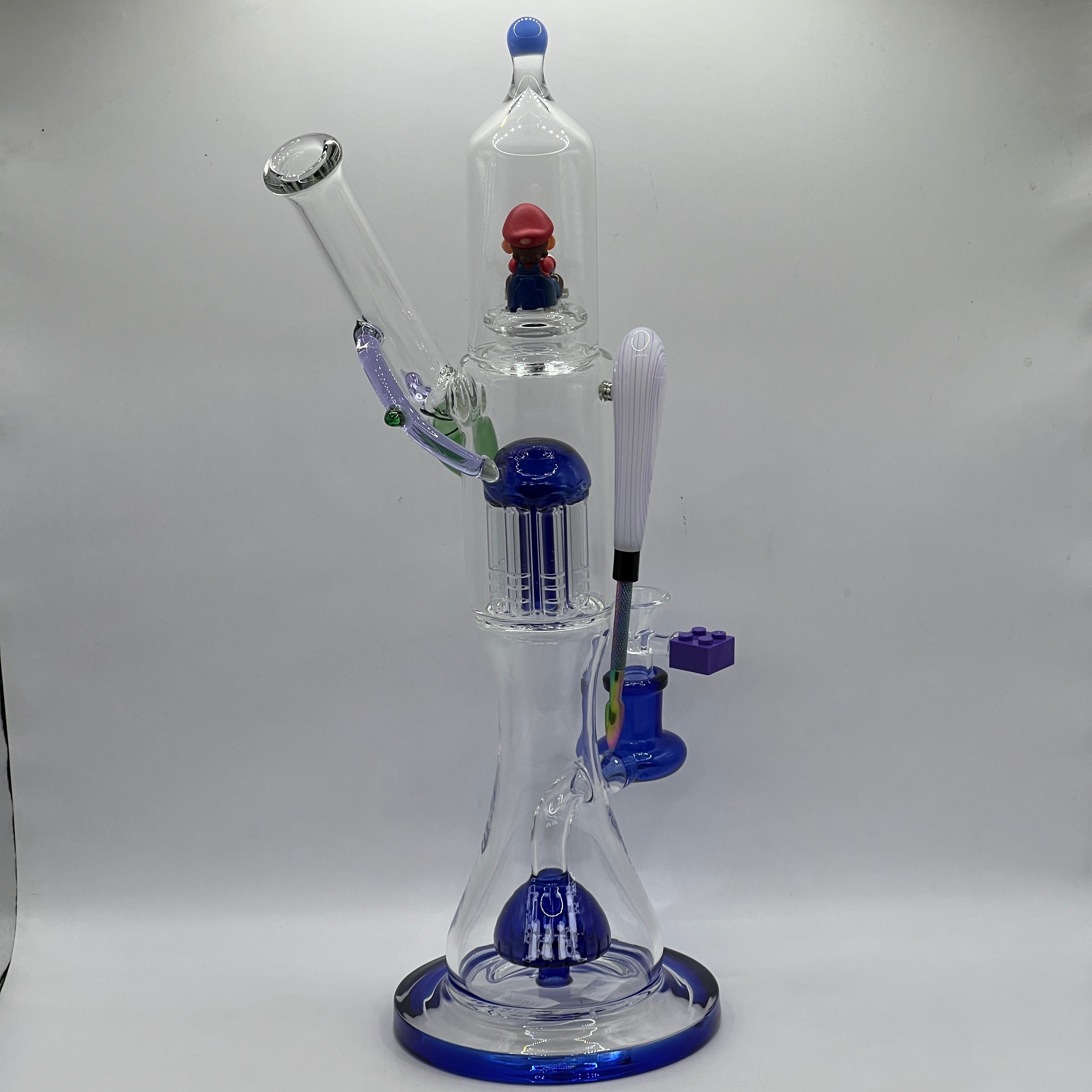 Rear view of OTG Glass Mario water pipe with dual percolator system