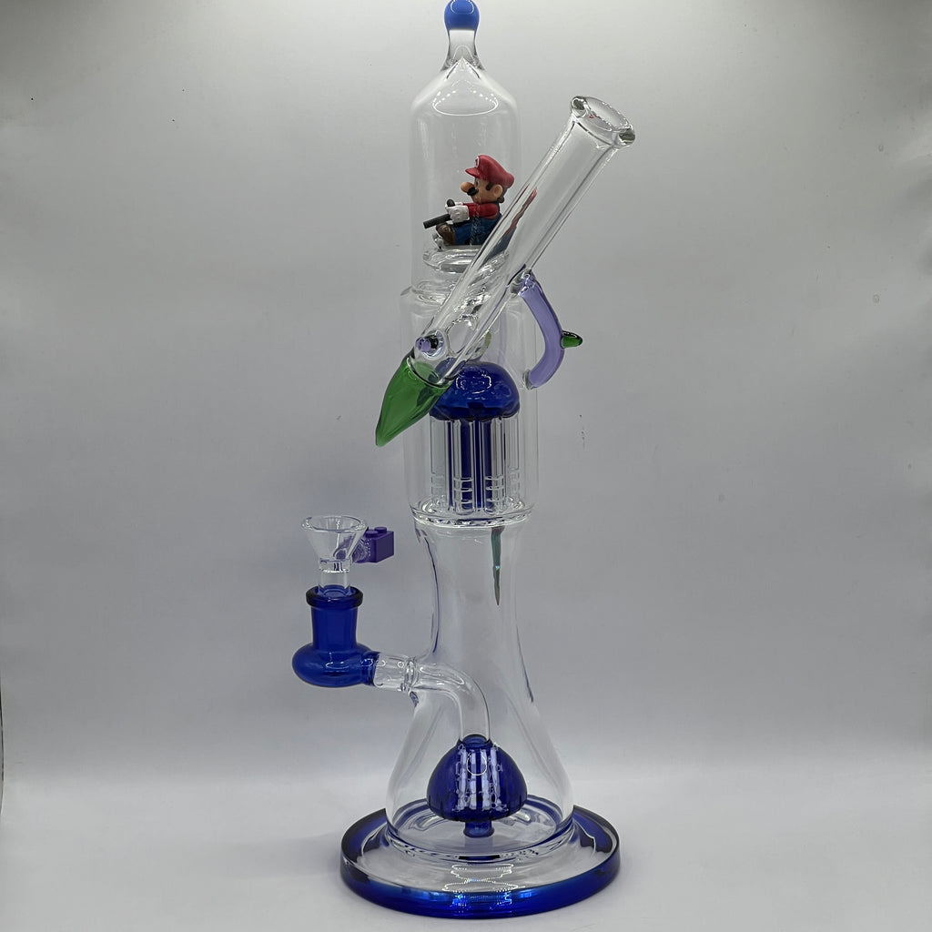 Side view of Mario water pipe showing angled mouthpiece and glass accents