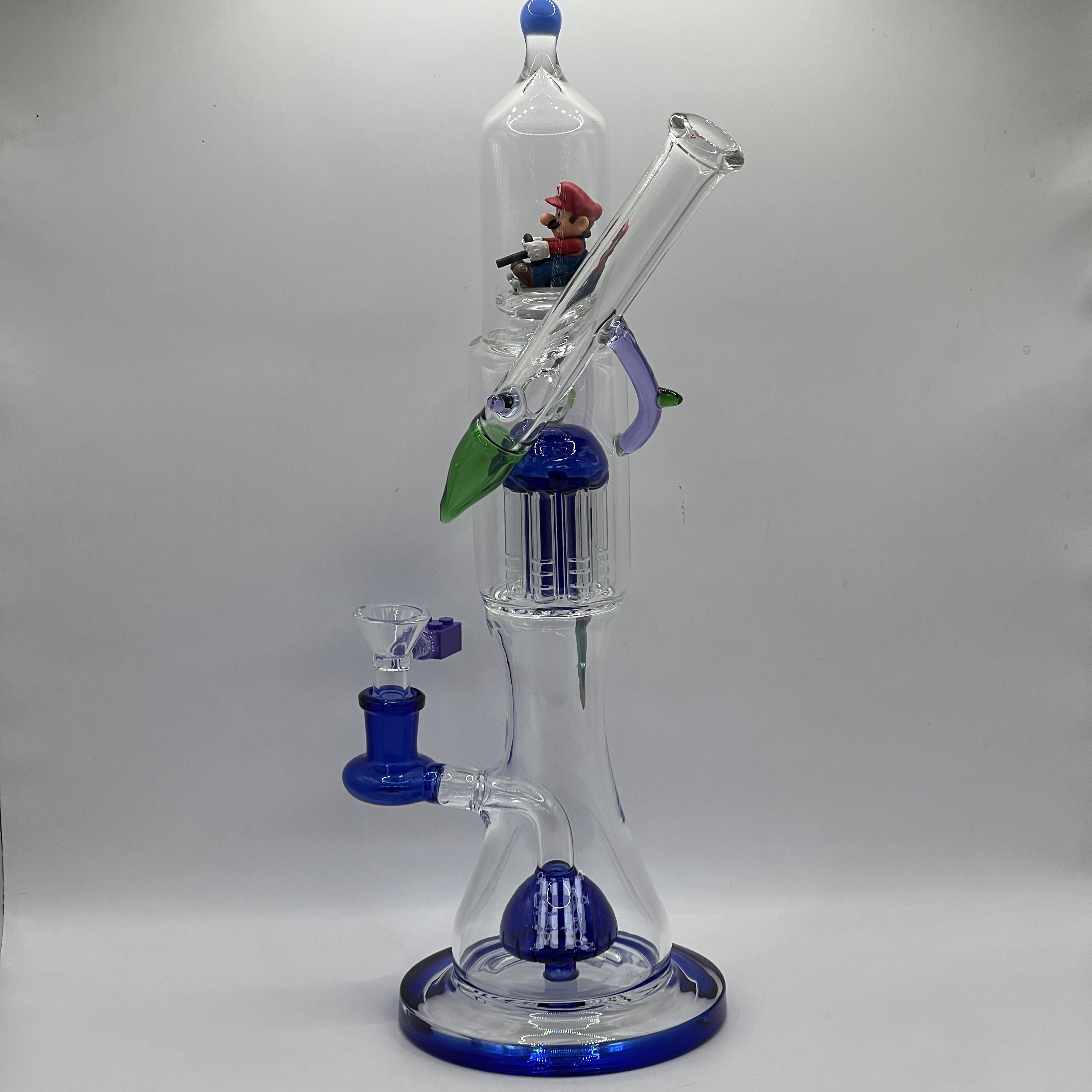 Side view of Mario water pipe showing angled mouthpiece and glass accents