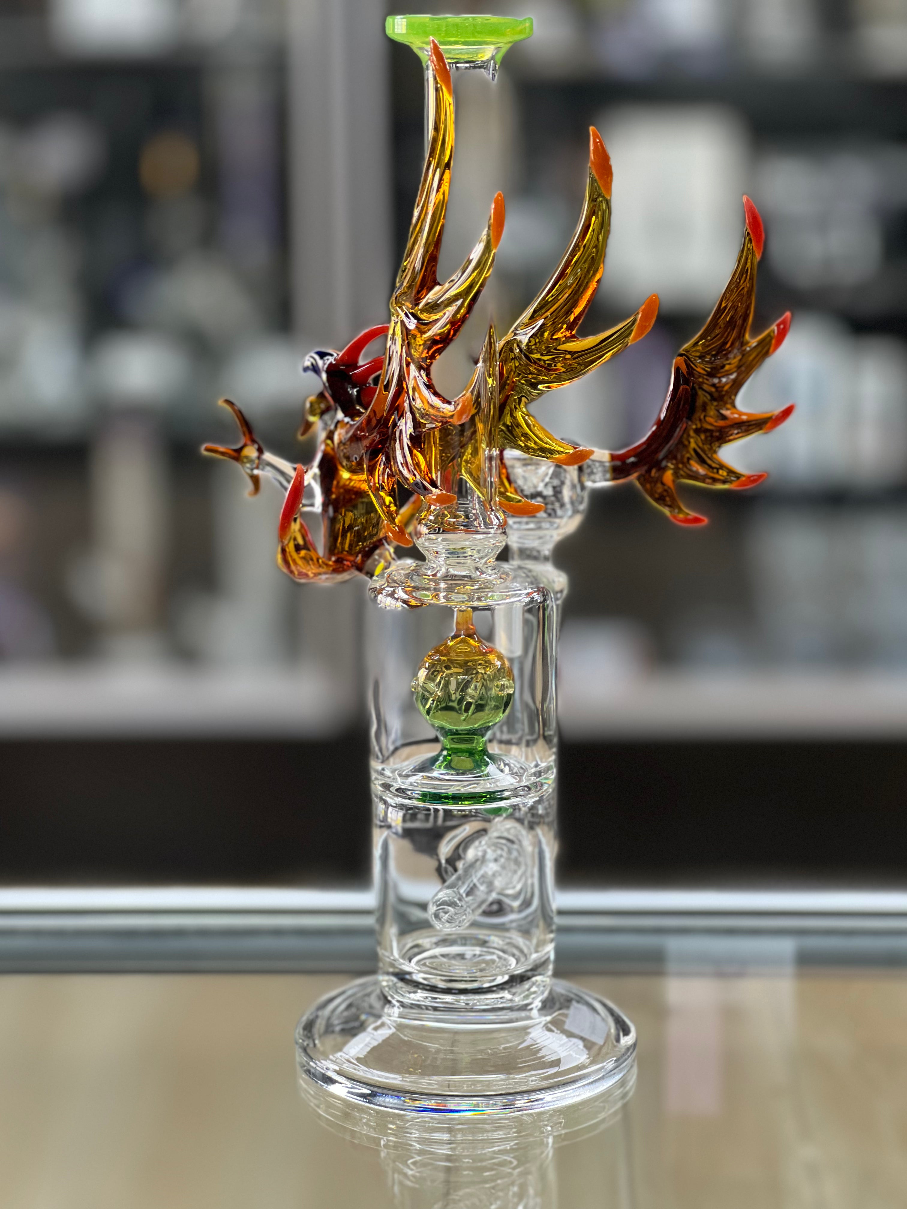 angled shot of the otg glass phoenix water pipe at hex smoke shop