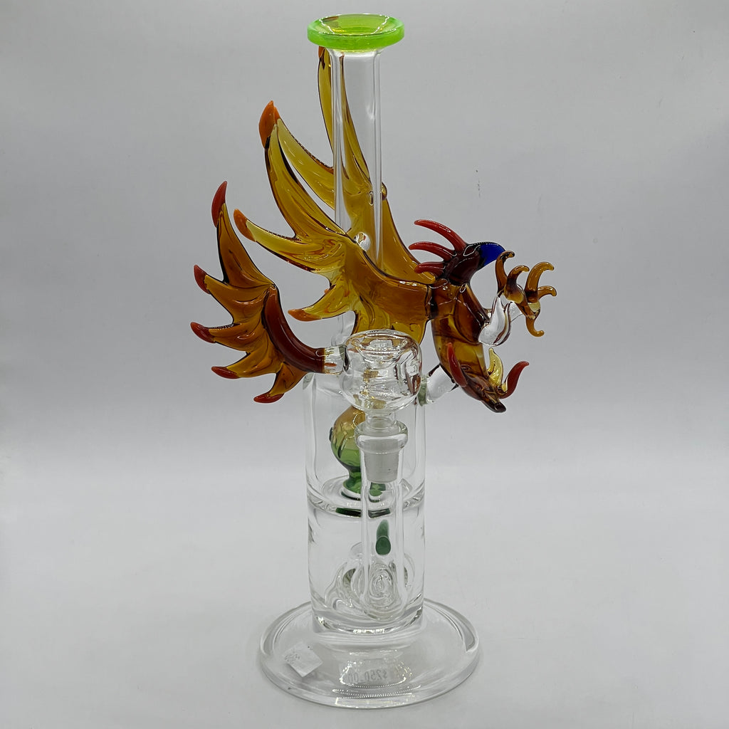 Front view of OTG Glass Phoenix water pipe with matching phoenix wing bowl