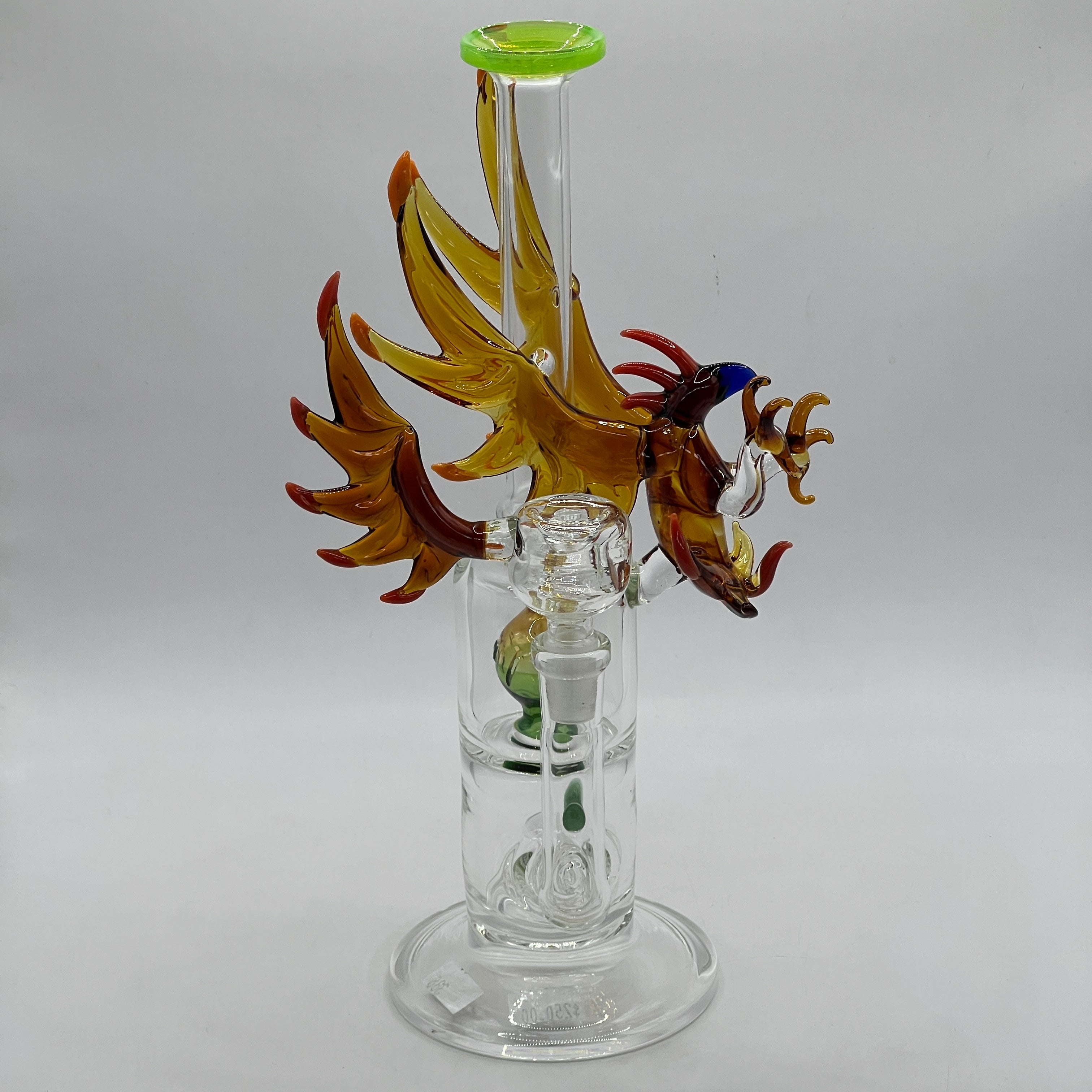 Front view of OTG Glass Phoenix water pipe with matching phoenix wing bowl