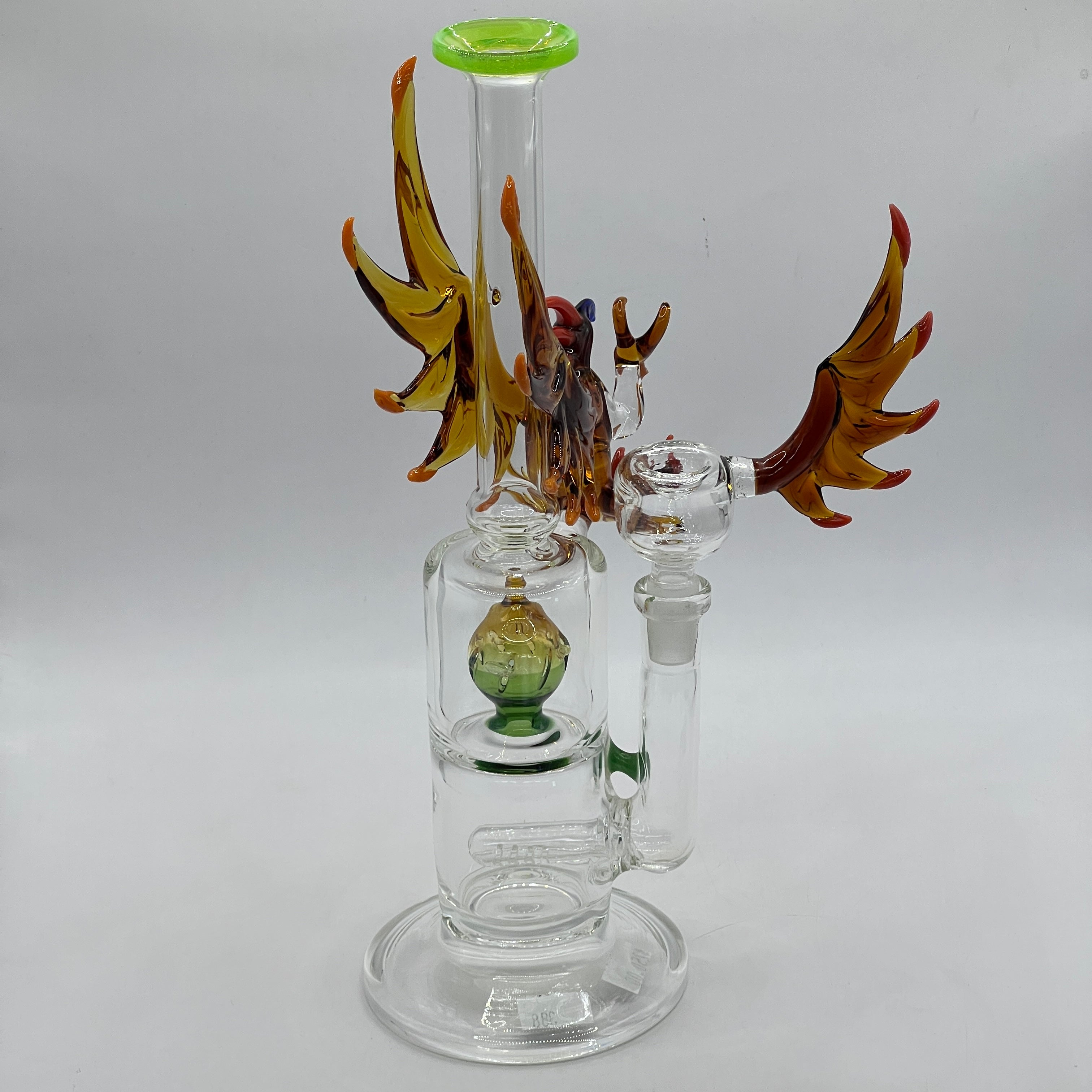 OTG Glass Phoenix water pipe with handcrafted amber phoenix sculpture and dual chambers