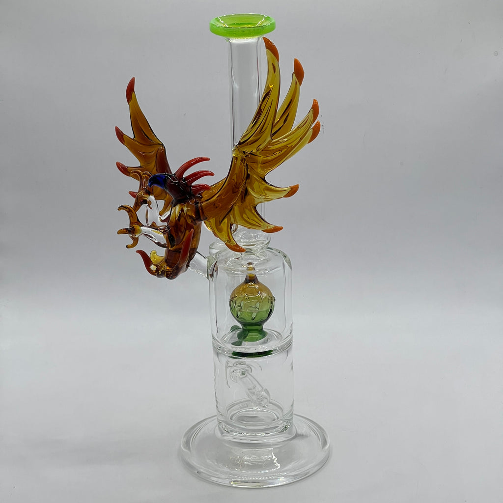 Premium OTG Glass Phoenix water pipe featuring dual-chamber filtration and handcrafted fantasy artwork
