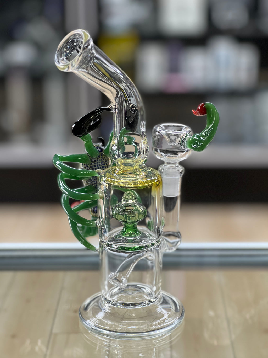 rear angled view of the otg glass scorpion water pipe at hex smoke shop