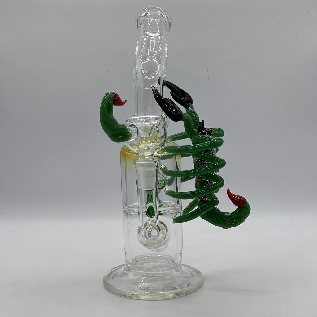 Front view of OTG Glass scorpion bong featuring custom sculpted claws and matching stinger bowl