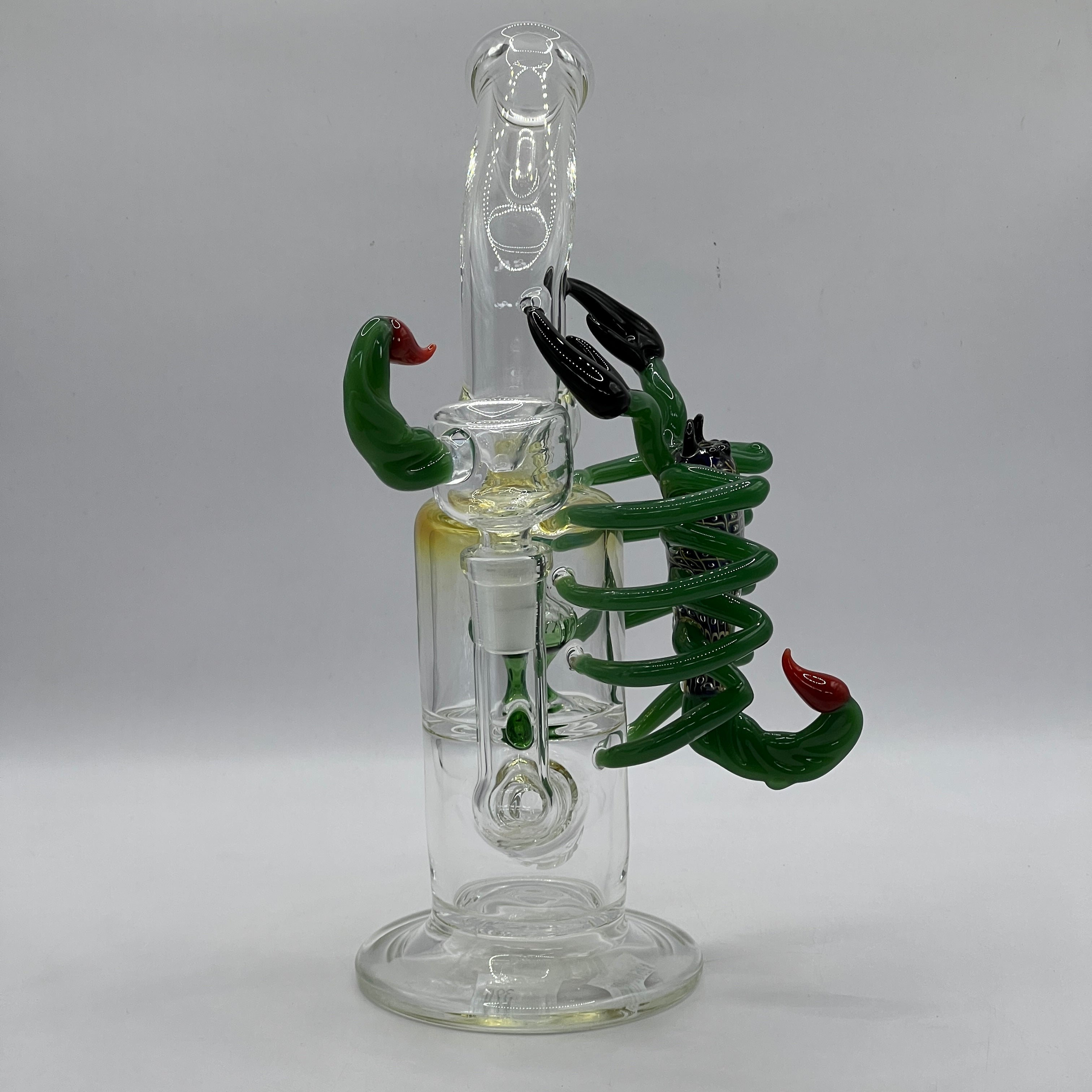 Front view of OTG Glass scorpion bong featuring custom sculpted claws and matching stinger bowl