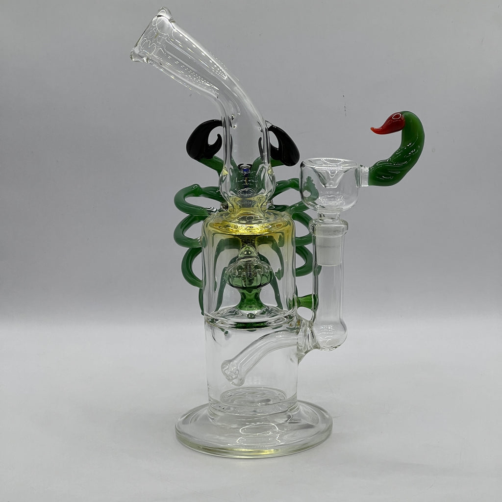 Side profile of custom scorpion bong with dual chamber showerhead percolator
