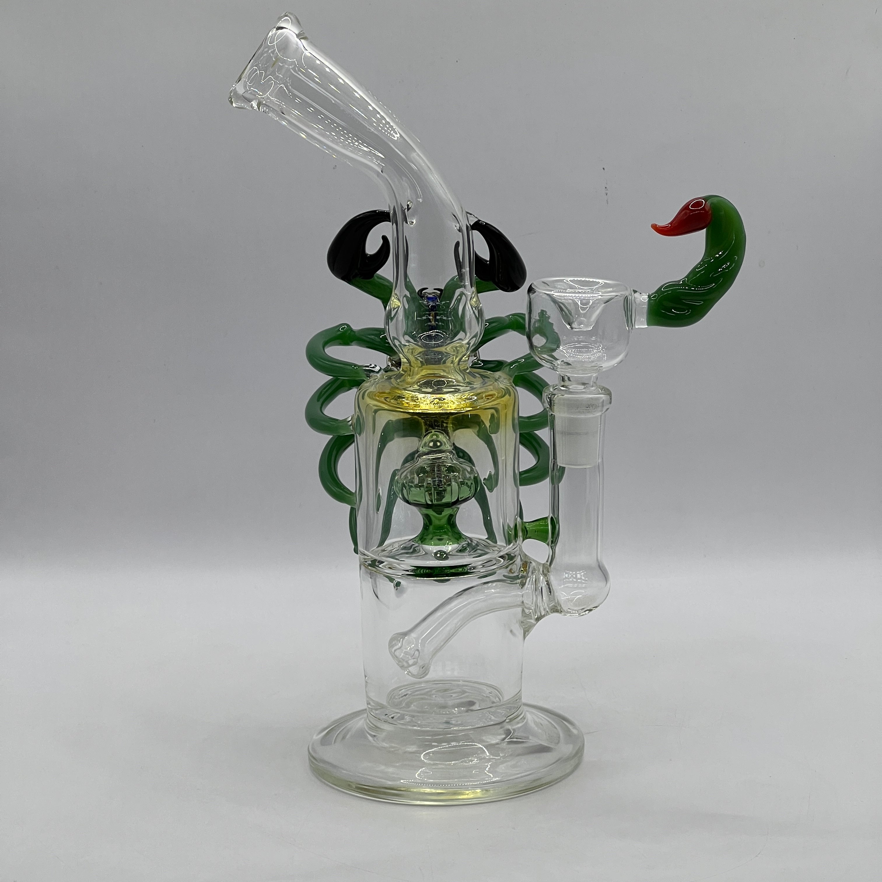 Side profile of custom scorpion bong with dual chamber showerhead percolator