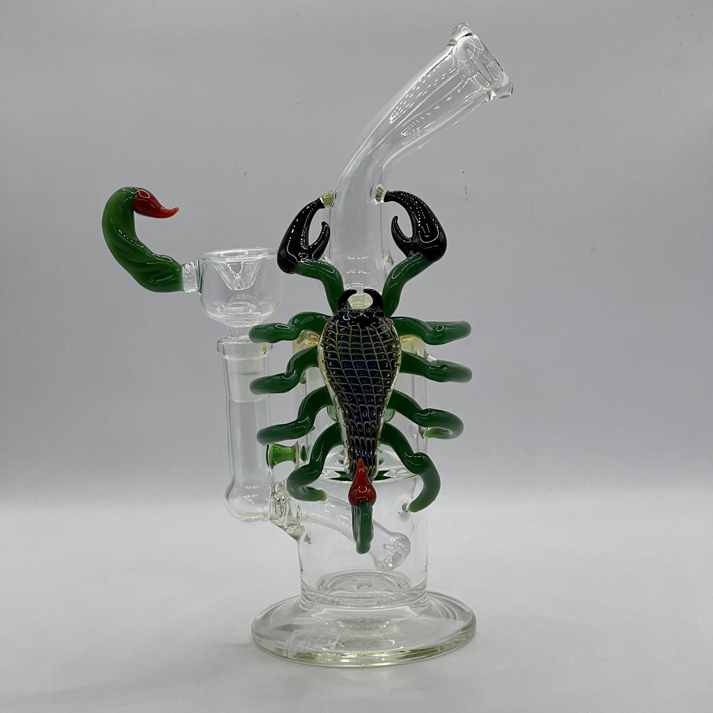 OTG Glass handcrafted scorpion water pipe with dual chamber filtration and sculpted green scorpion