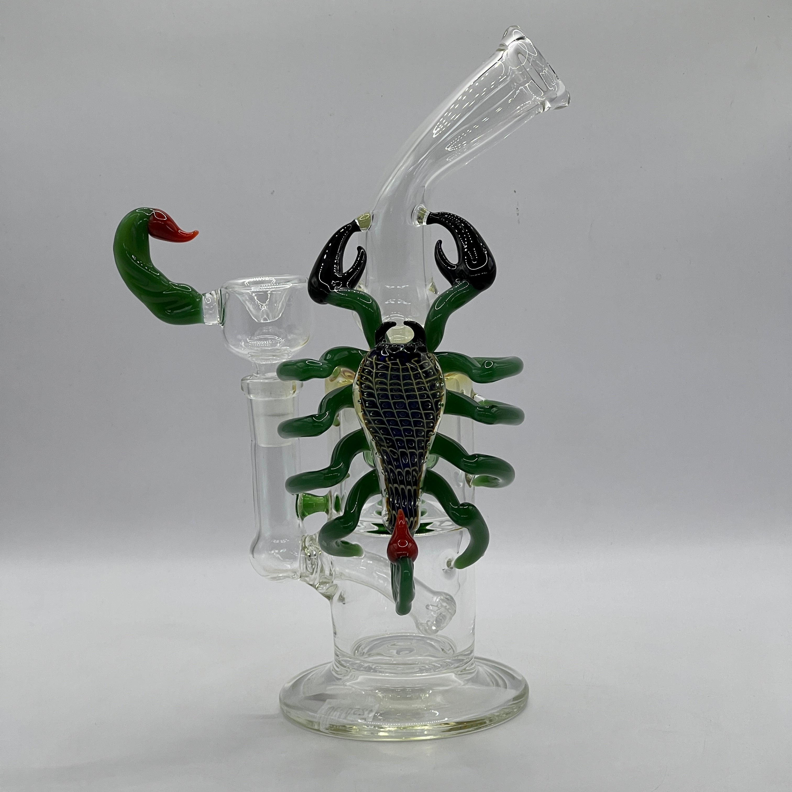 OTG Glass handcrafted scorpion water pipe with dual chamber filtration and sculpted green scorpion