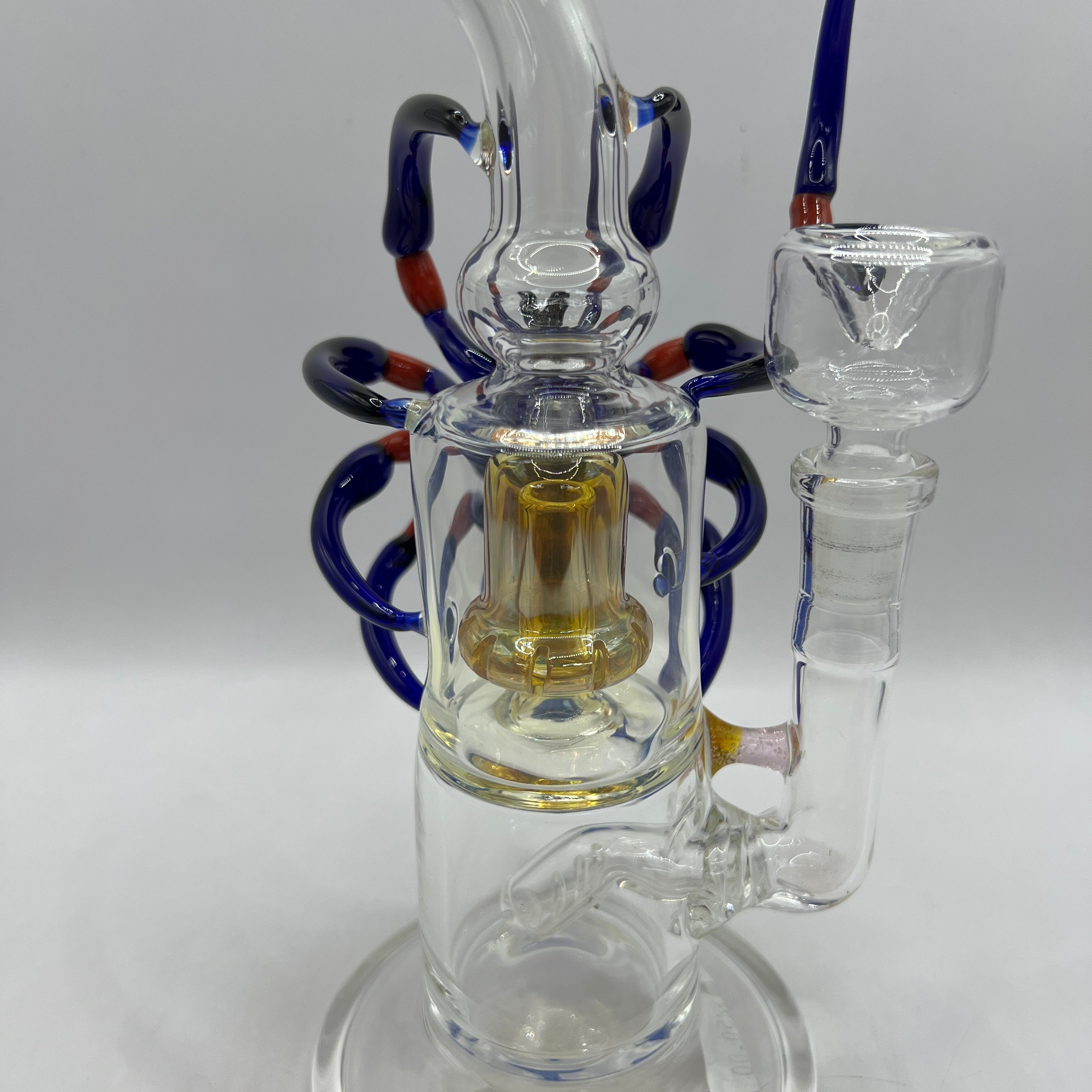 OTG Glass premium spider water pipe with cobalt blue sculpted spider, dual chambers, and matching bowl