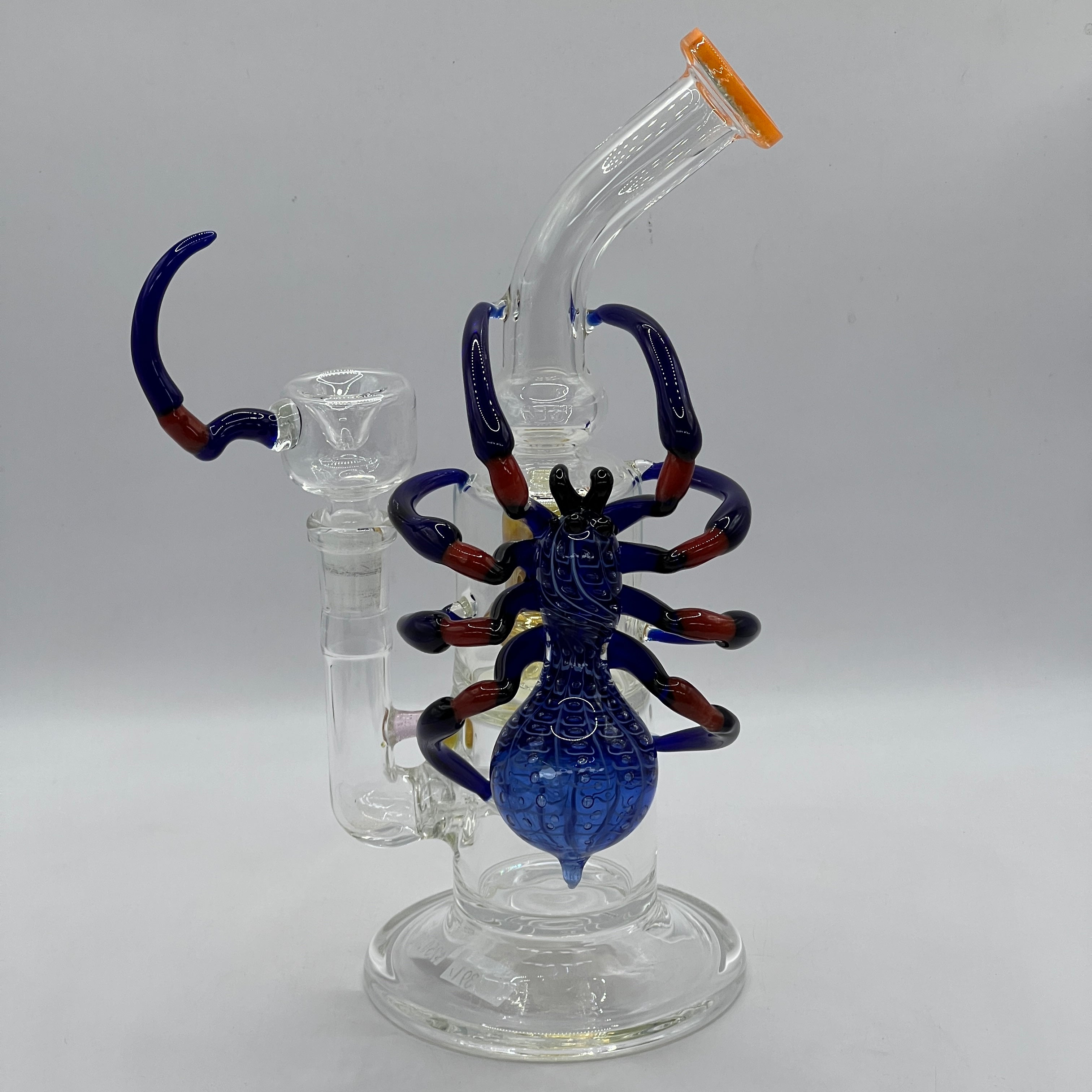 OTG Glass handcrafted blue spider water pipe with dual chamber filtration and amber showerhead percolator