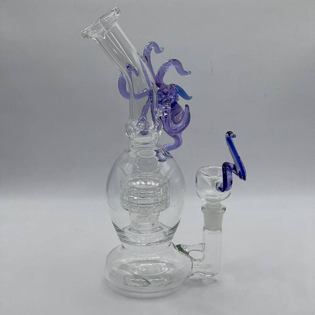 Side profile of OTG Glass Giant Squid bong featuring matrix percolator and wrapped tentacle artwork