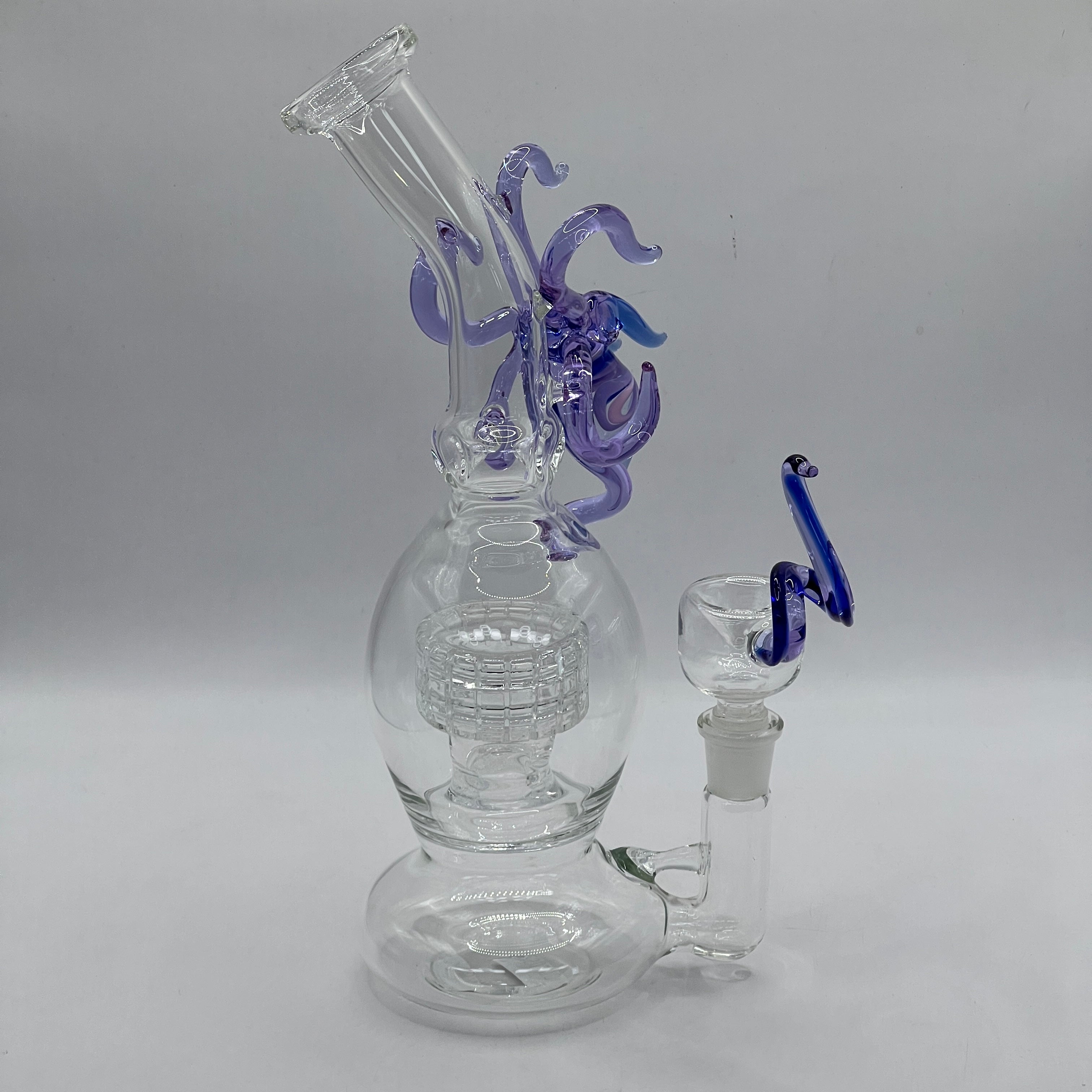 Side profile of OTG Glass Giant Squid bong featuring matrix percolator and wrapped tentacle artwork
